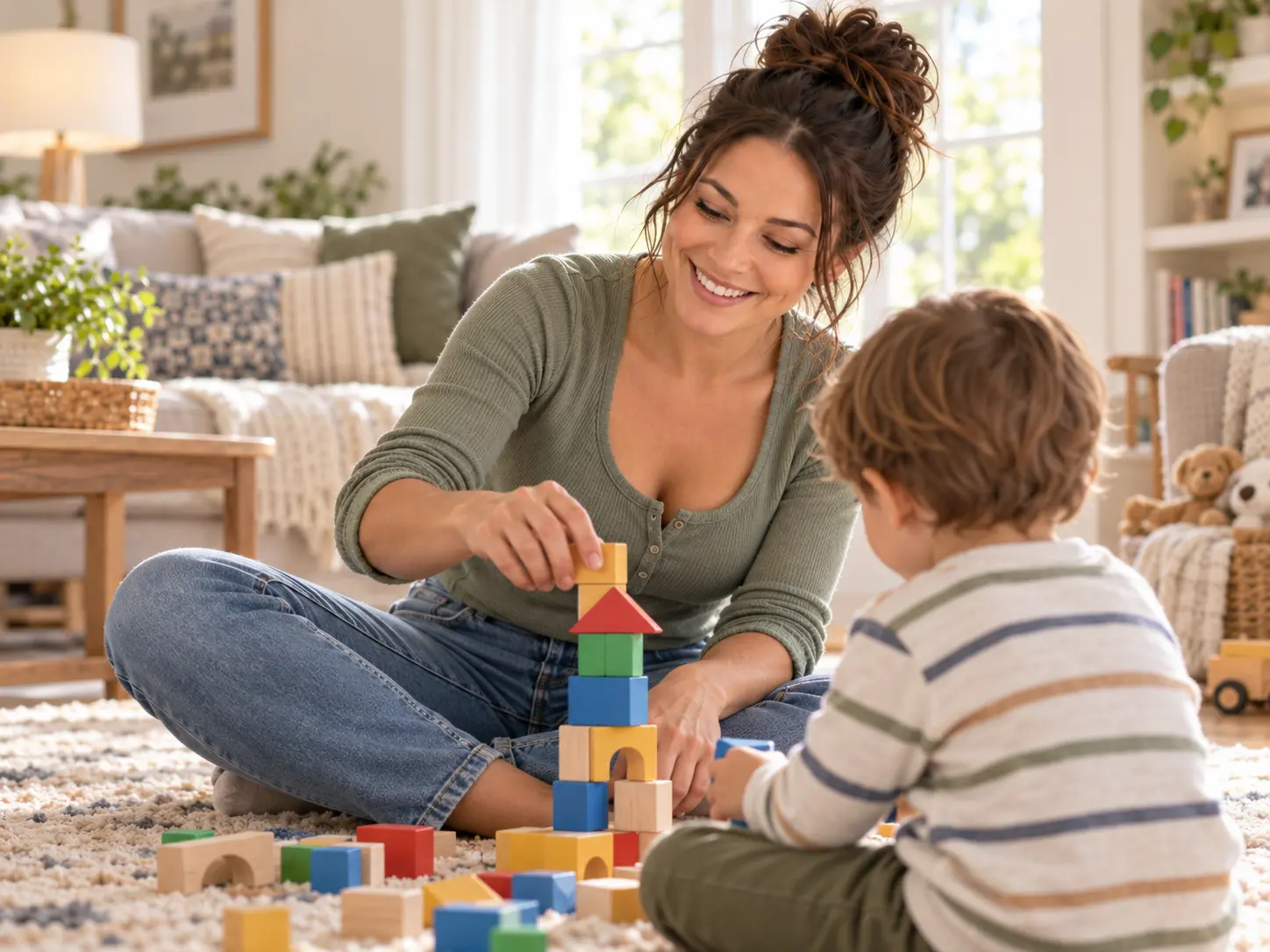 Elsa and a child playing with wooden blocks