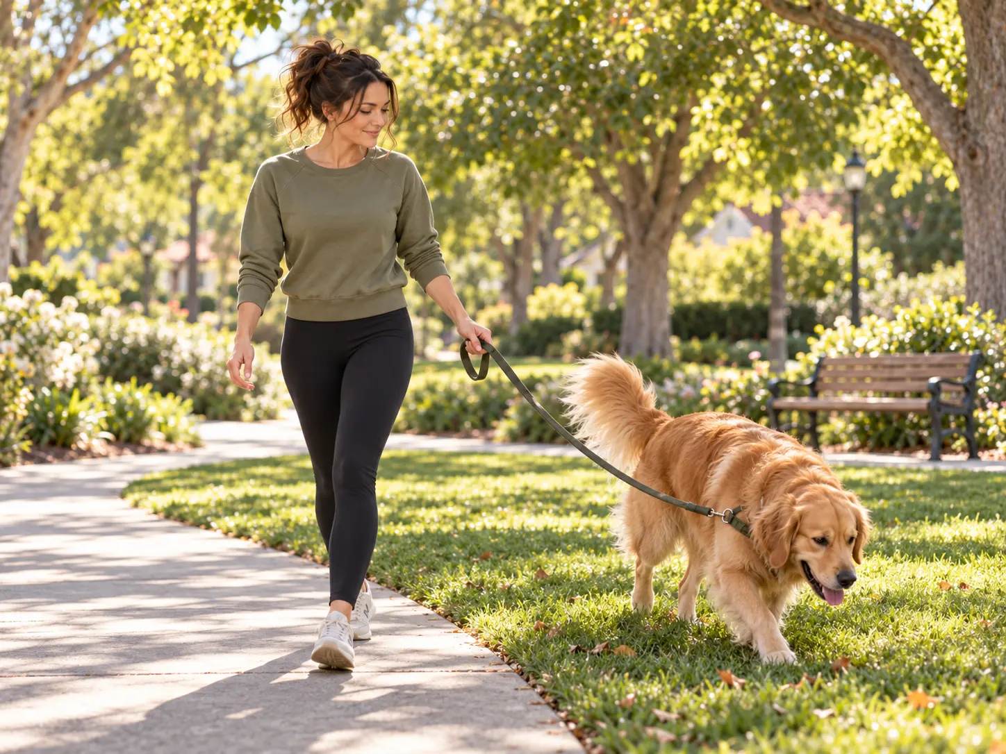 Elsa walking a golden retriever on a leafy path